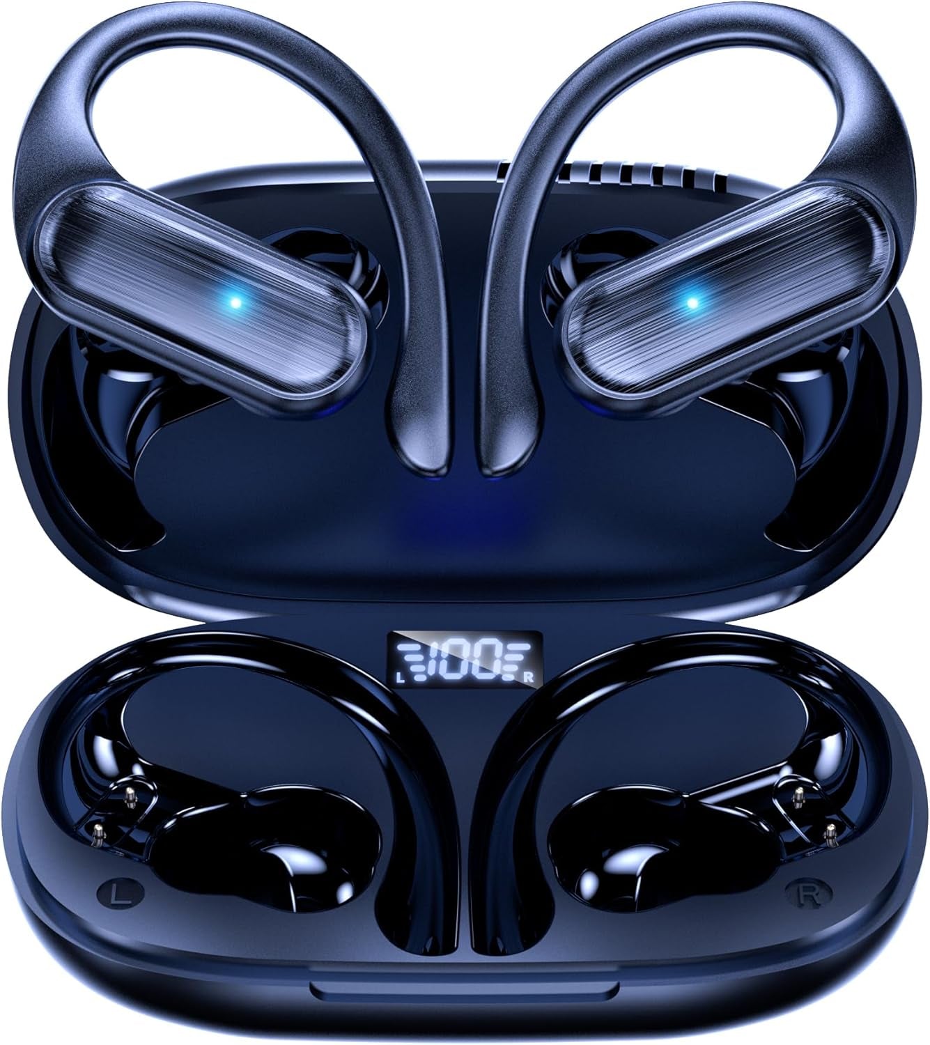 Wireless Earbuds Bluetooth Headphones 80Hrs Play Back Sport Earphones with LED Display Over-Ear Buds with Earhooks Built-In Mic IPX7 Waterproof Headset for Workout Grey-Dark Blue