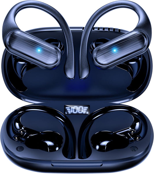 Wireless Earbuds Bluetooth Headphones 80Hrs Play Back Sport Earphones with LED Display Over-Ear Buds with Earhooks Built-In Mic IPX7 Waterproof Headset for Workout Grey-Dark Blue