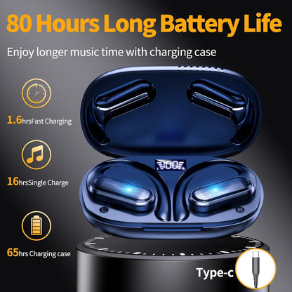 Wireless Earbuds Bluetooth Headphones 80Hrs Play Back Sport Earphones with LED Display Over-Ear Buds with Earhooks Built-In Mic IPX7 Waterproof Headset for Workout Grey-Dark Blue