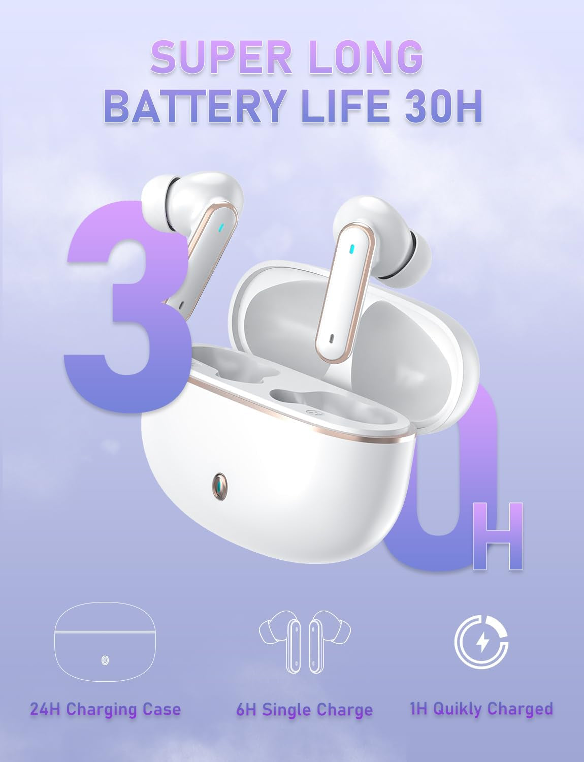Wireless Earbuds, Bluetooth 5.4 Headphones with 4 ENC Noise Cancelling Microphone, Wireless In-Ear Headphones with Hifi Stereo Deep Bass, Bluetooth Earphones 30H Playtime, Touch Control, USB-C (White)