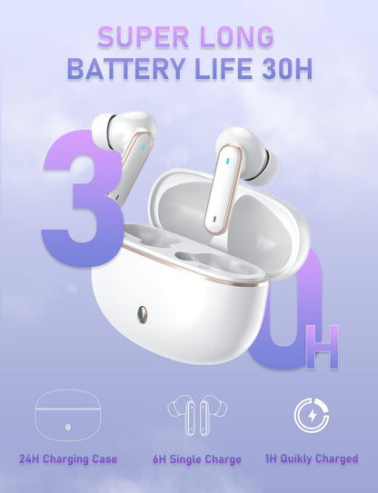 Wireless Earbuds, Bluetooth 5.4 Headphones with 4 ENC Noise Cancelling Microphone, Wireless In-Ear Headphones with Hifi Stereo Deep Bass, Bluetooth Earphones 30H Playtime, Touch Control, USB-C (White)
