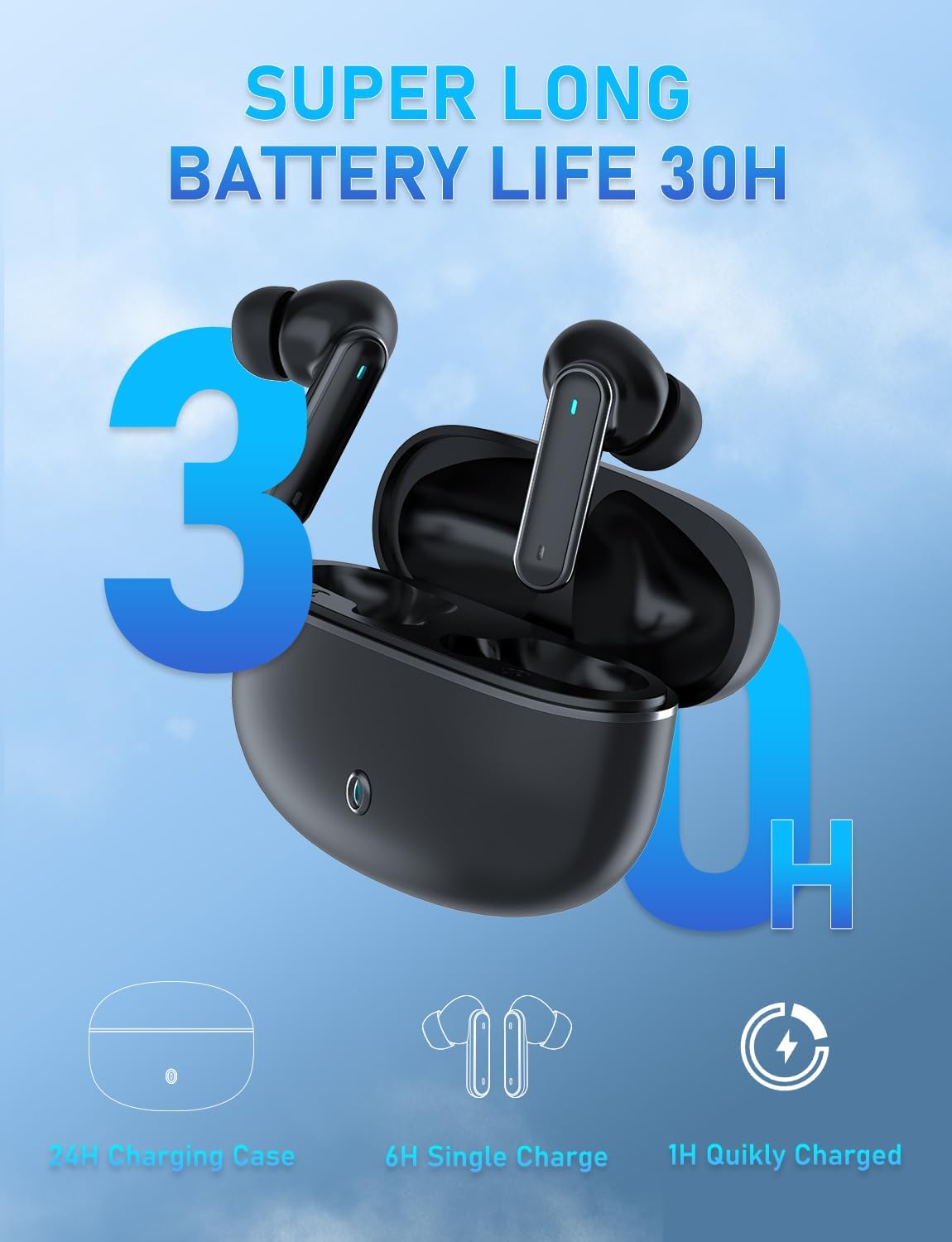 Wireless Earbuds, Bluetooth 5.4 Headphones with 4 ENC Noise Cancelling Microphone, Wireless In-Ear Headphones with Hifi Stereo Deep Bass, Bluetooth Earphones 30H Playtime, Touch Control, USB-C (Black)
