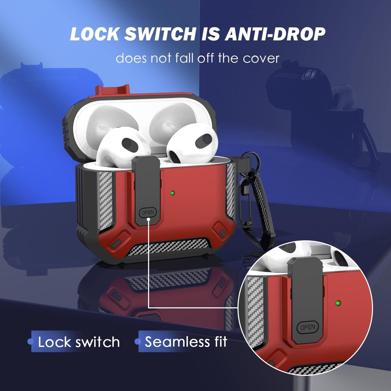 for Airpods 3Rd Generation Case Cover with Cleaner Kit, Military Hard Shell Protective Armor with Lock for Airpod Gen 3 Charging Case 2021,Front LED Visible,Red