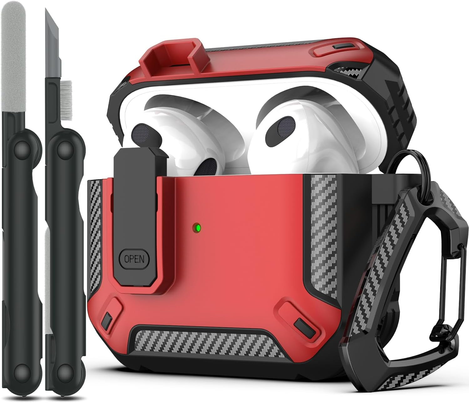 for Airpods 3Rd Generation Case Cover with Cleaner Kit, Military Hard Shell Protective Armor with Lock for Airpod Gen 3 Charging Case 2021,Front LED Visible,Red