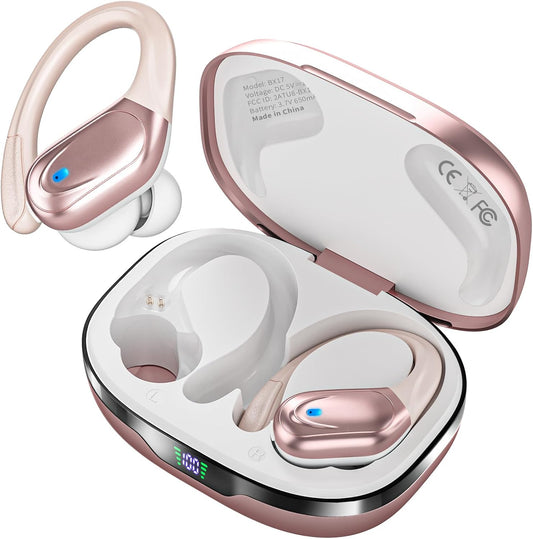 Wireless Earbuds, Sports Bluetooth Headphones, 80Hrs Playtime Ear Buds with LED Power Display, Noise Canceling Headset, IPX7 Waterproof Earphones for Workout/Running Rose Gold