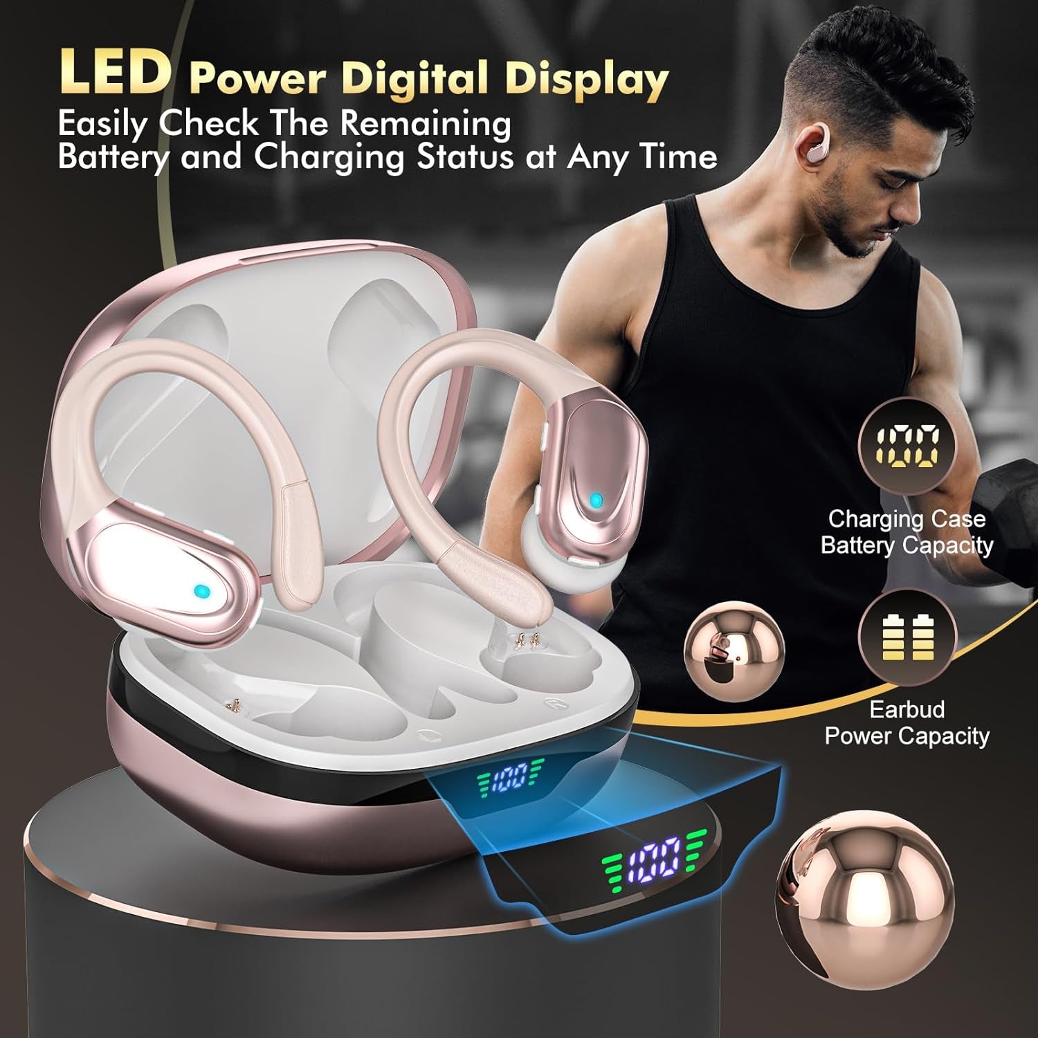 Wireless Earbuds, Sports Bluetooth Headphones, 80Hrs Playtime Ear Buds with LED Power Display, Noise Canceling Headset, IPX7 Waterproof Earphones for Workout/Running Rose Gold