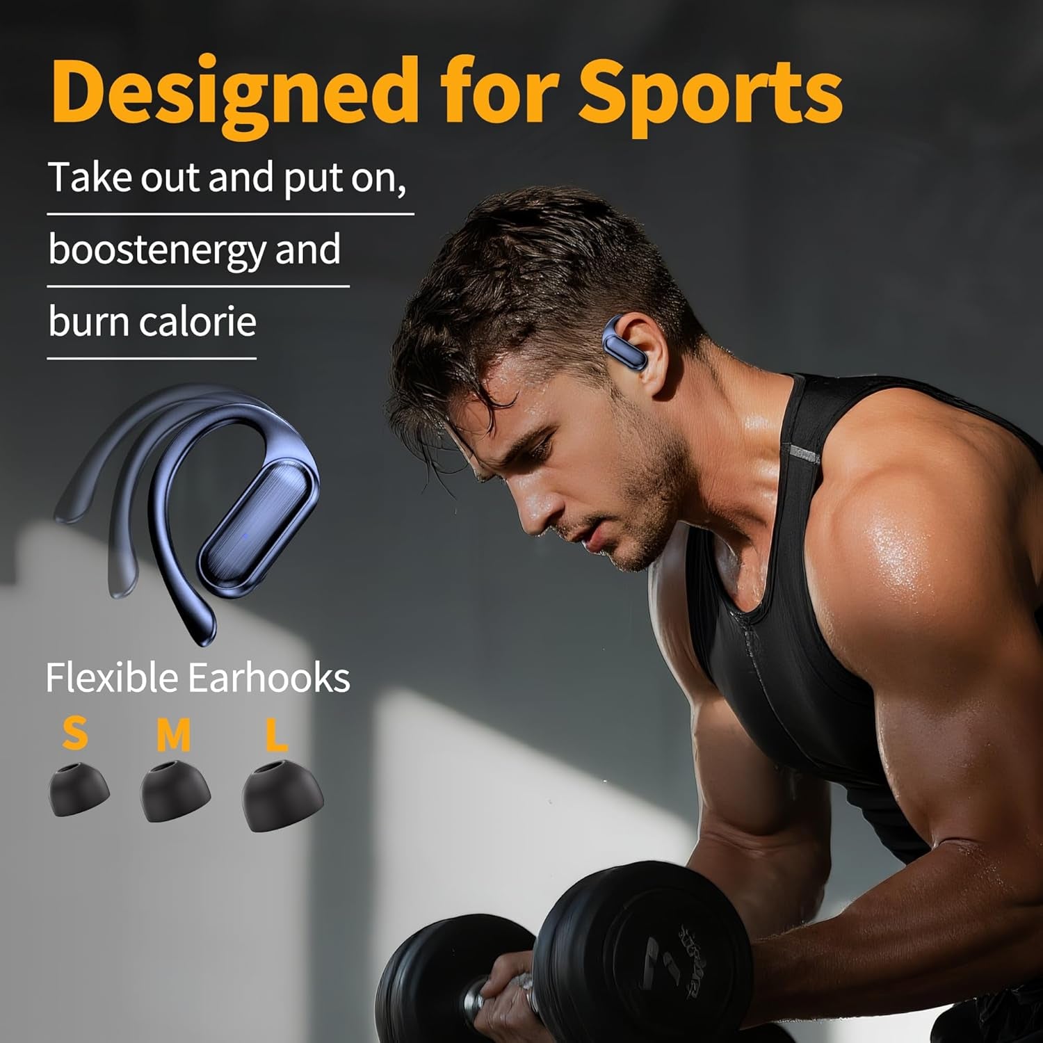Wireless Earbuds Bluetooth Headphones 80Hrs Play Back Sport Earphones with LED Display Over-Ear Buds with Earhooks Built-In Mic IPX7 Waterproof Headset for Workout Grey-Dark Blue